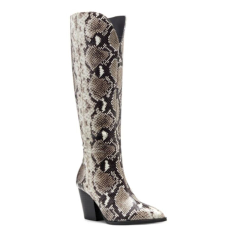 INC Womens Beige Animal Print Pointed Toe Block Heel Zip-Up Dress Western Boot 5